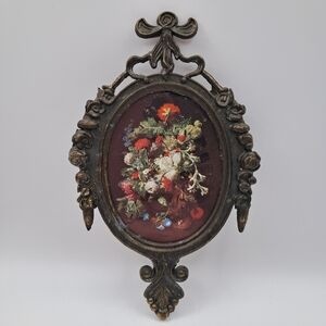 ​Vtg Italian Ornate Brass Floral Wall Plaque – Oval Convex Glass - Made in Italy